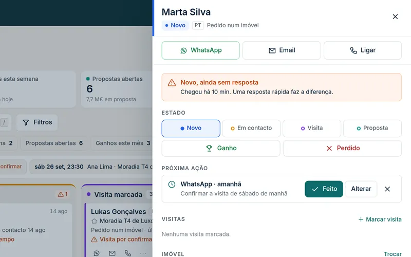 Ficha do contacto com a próxima ação marcada: WhatsApp amanhã, confirmar a visita