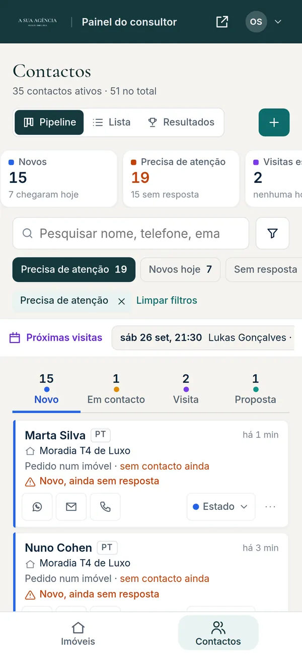 CRM no telemóvel, filtrado nos contactos que precisam de atenção